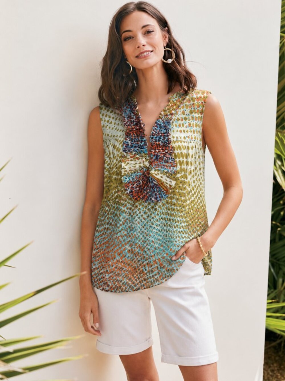 SOFT SURROUNDINGS: Printed Satin Tunic with Neck Details